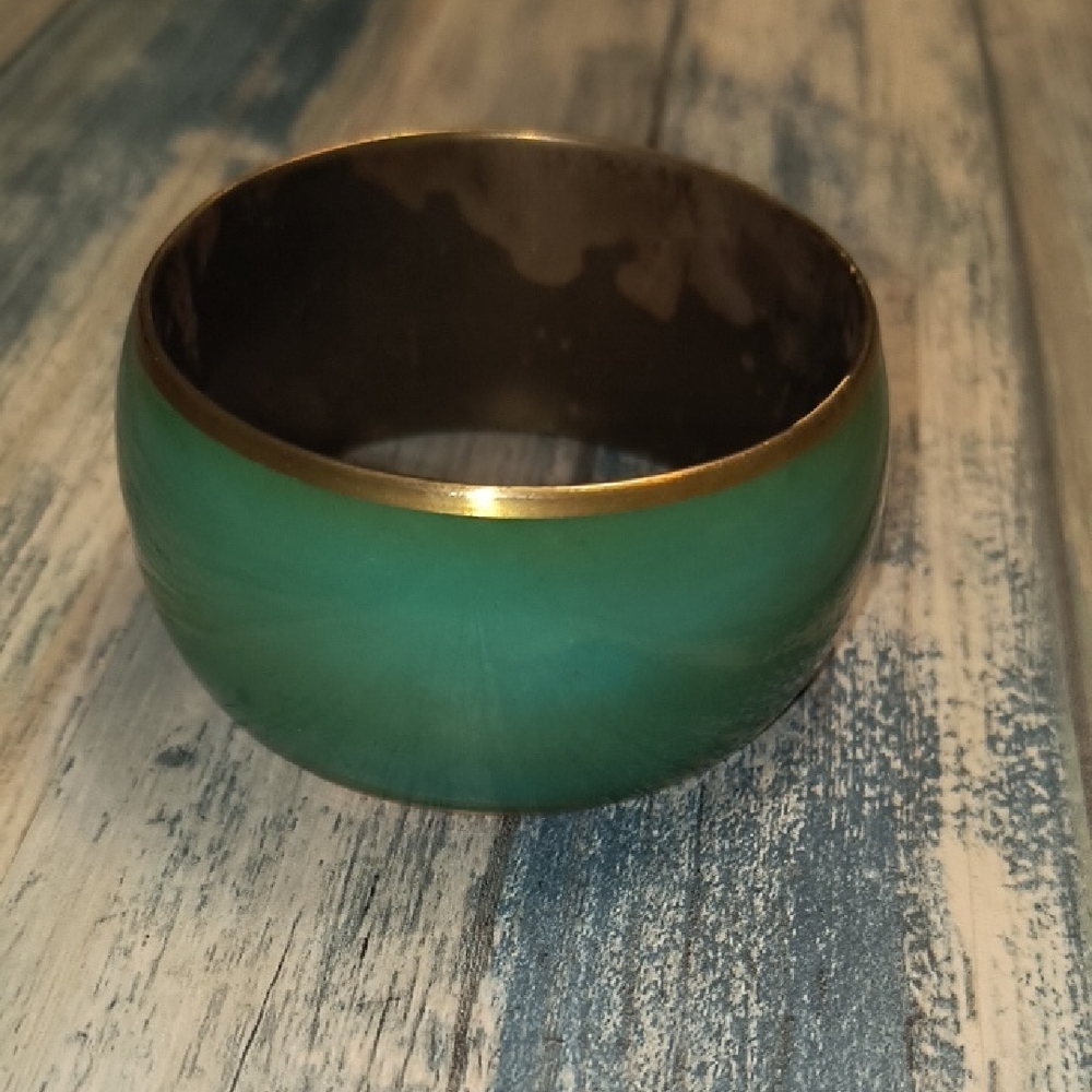 VTG Bracelet ~ Mid Century Cloisonné Green Vtg Bangle Bracelet~ Brass ~
